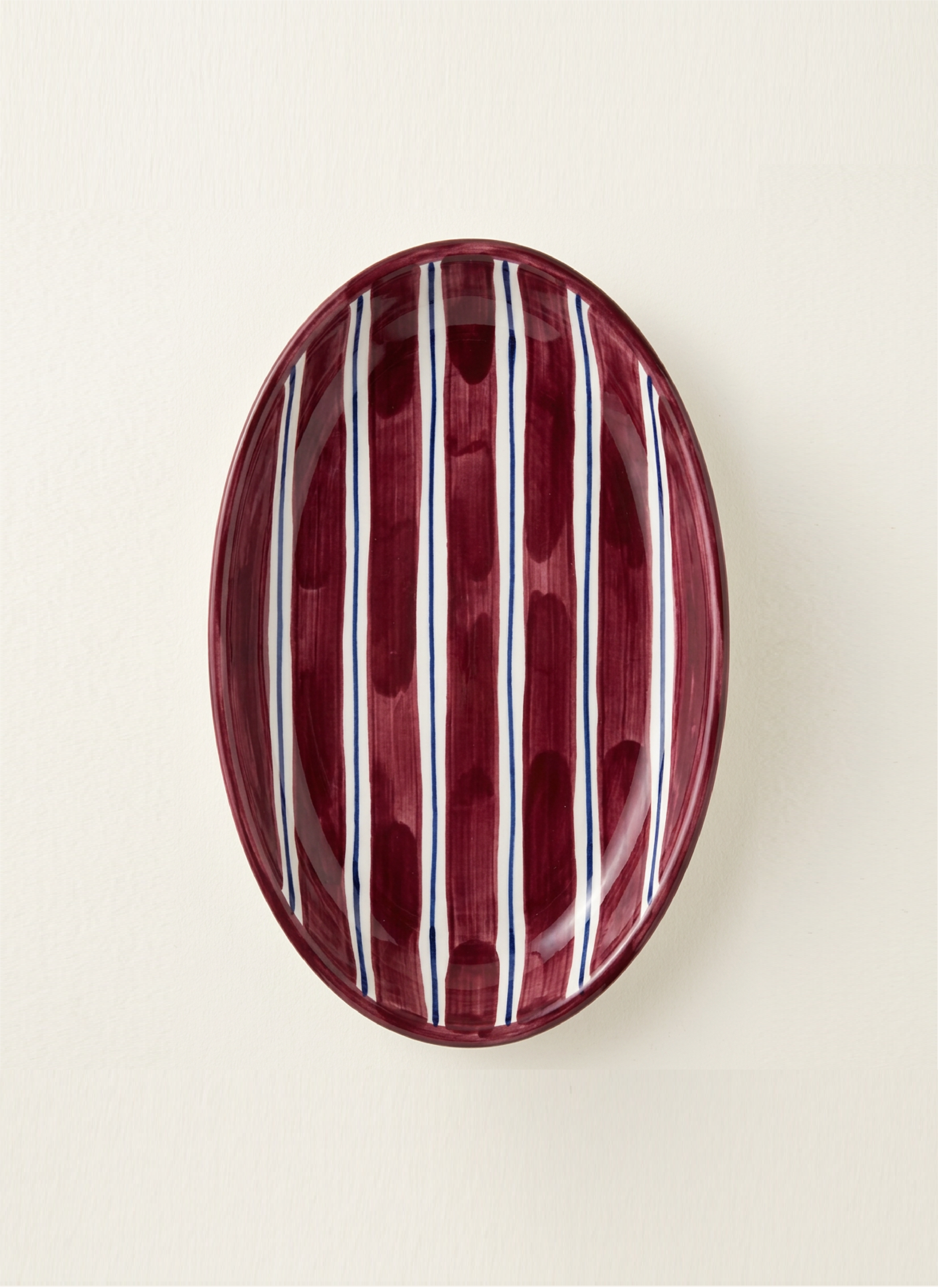 2 Color Stripes Oval Plate -  Burgundy & Dark Blue