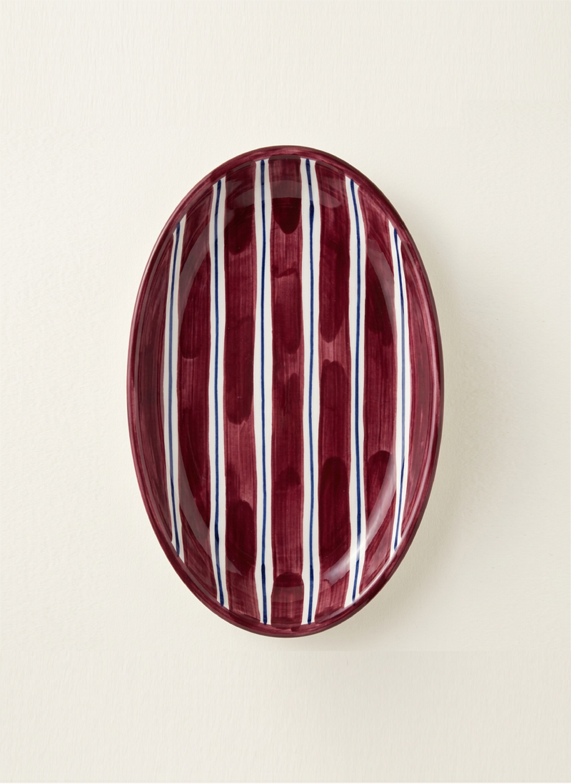 2 Color Stripes Oval Plate -  Burgundy & Dark Blue