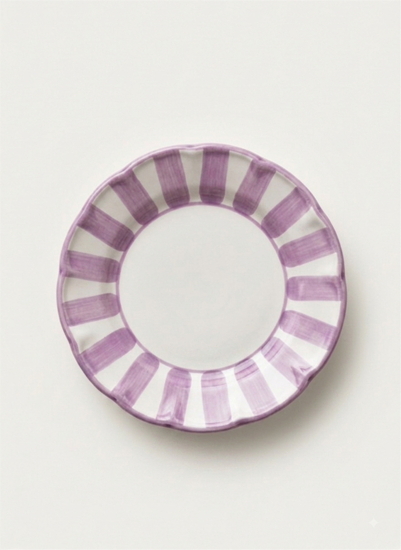 Striped ceramic plate in lilac, handmade in Italy