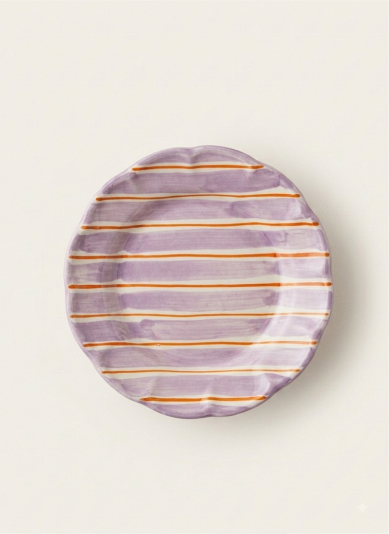 Ceramic plate with lilac and orange stripes, handmade in Italy