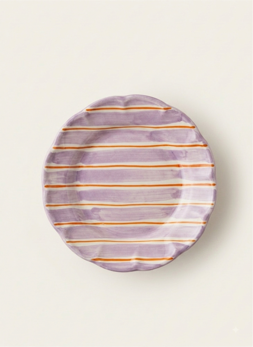 Ceramic plate with lilac and orange stripes, handmade in Italy