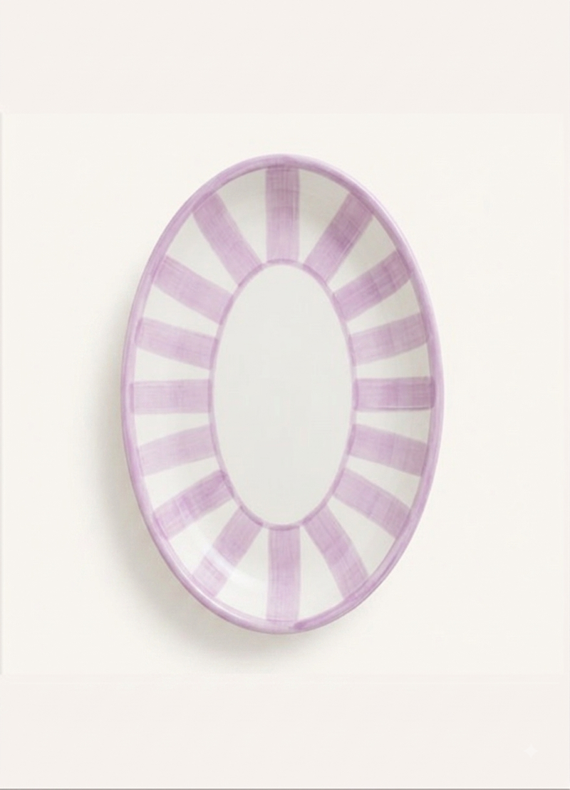 Oval ceramic serving plate with lilac stripes, handmade in Italy
