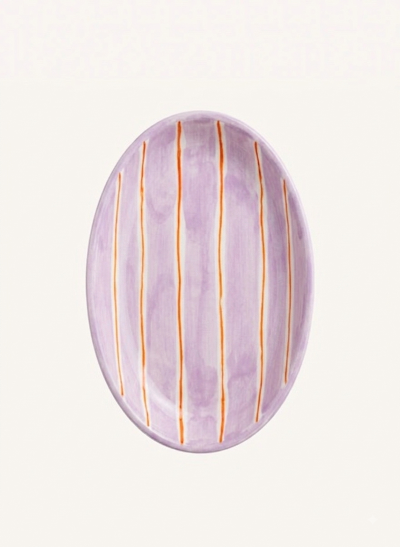 Oval ceramic serving plate with lilac and orange stripes, handmade in Italy