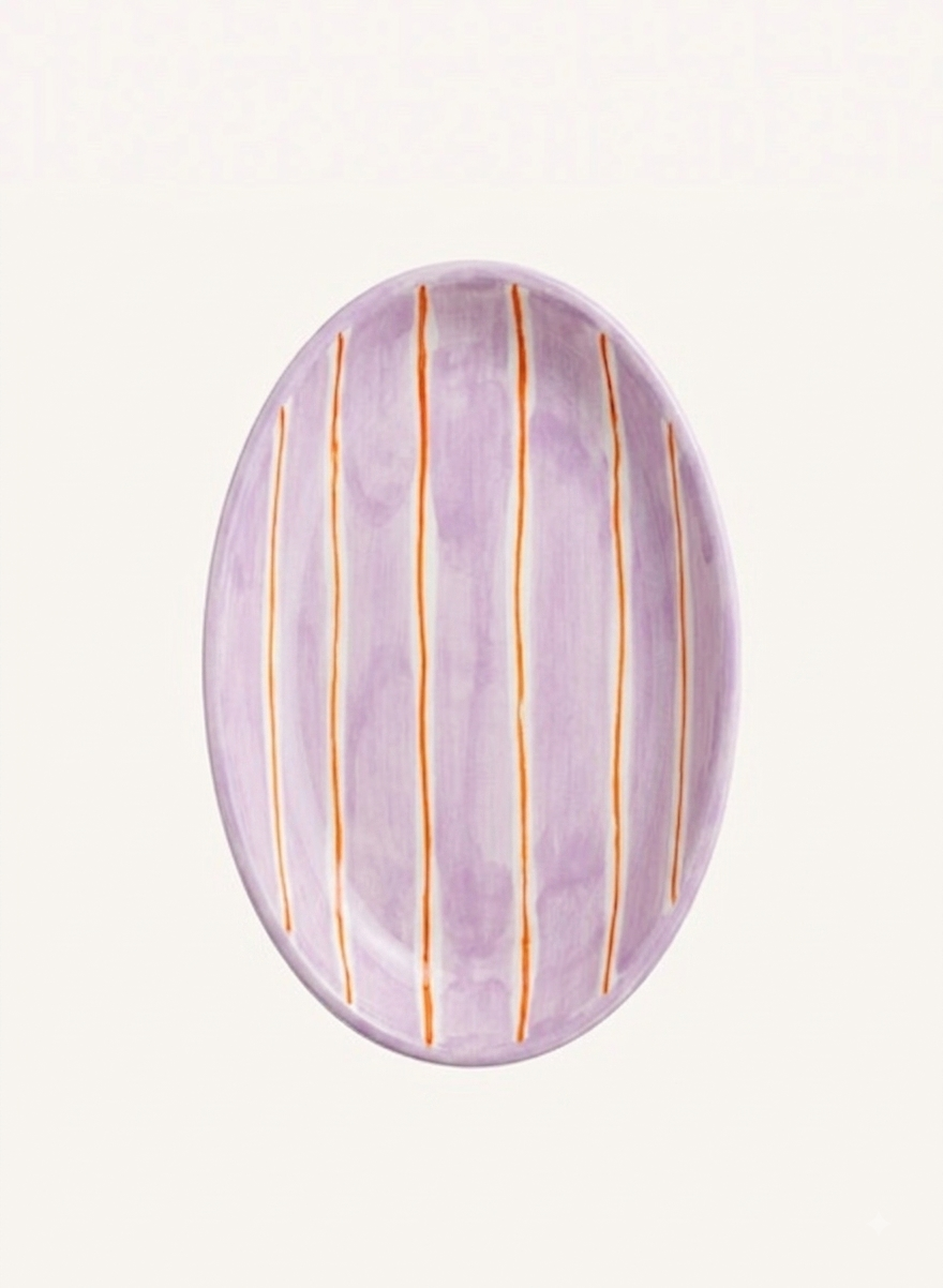 Oval ceramic serving plate with lilac and orange stripes, handmade in Italy