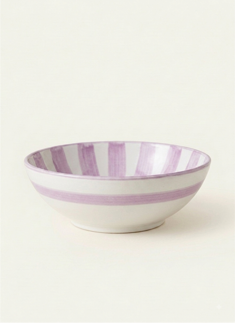 Striped ceramic bowl in lilac, handmade in Italy