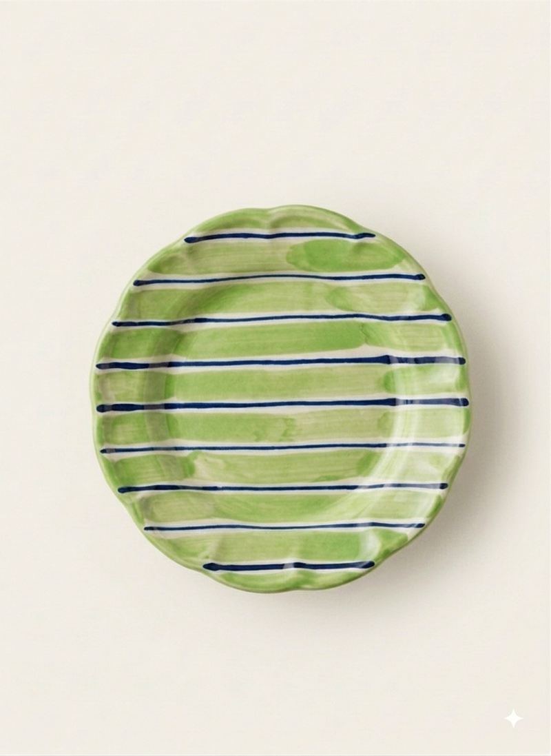 Green and navy striped ceramic plate