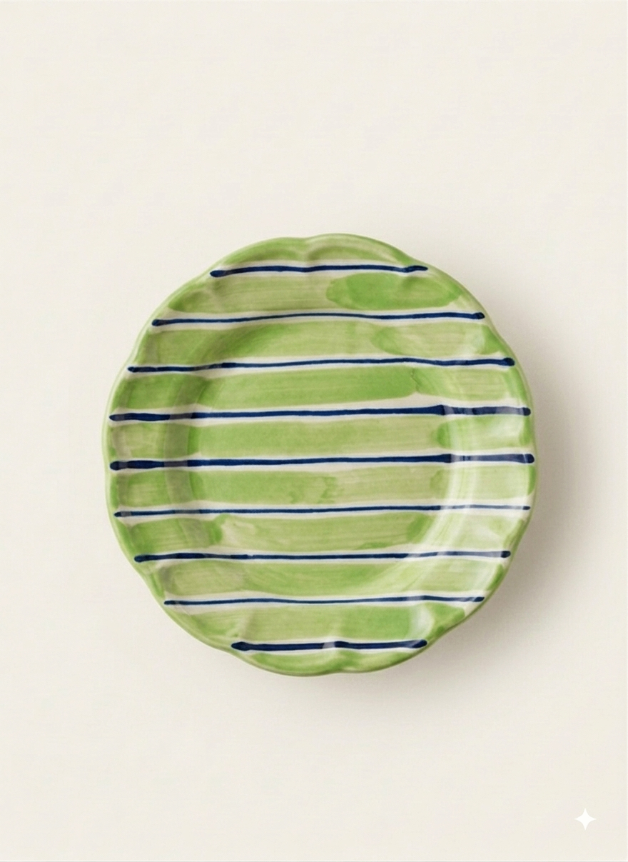 Green and navy striped ceramic plate