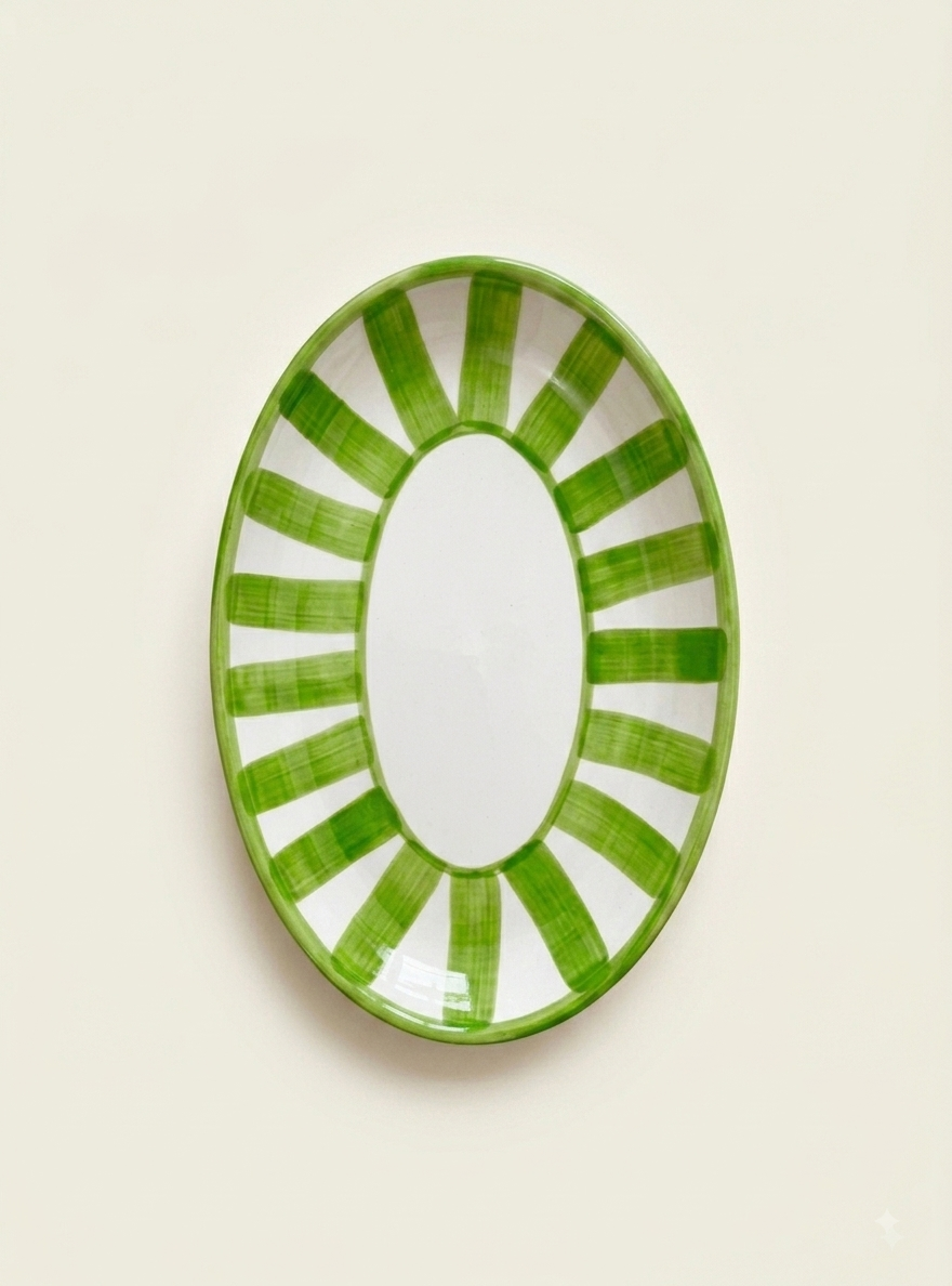 Green striped oval ceramic plate