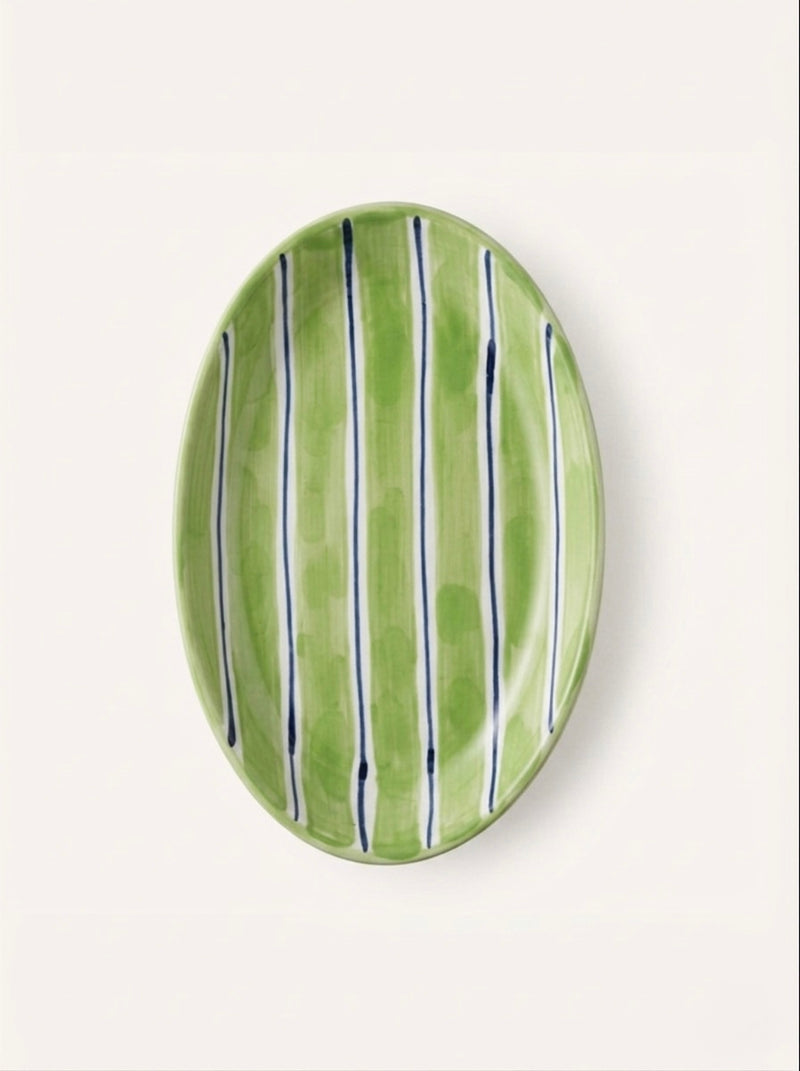 2 Color Stripes Oval Plate Green Navy