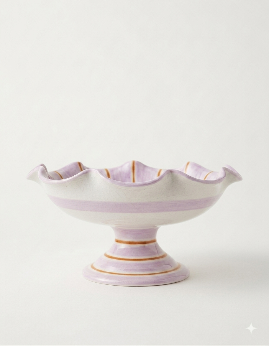 Ceramic fruit bowl stand in lilac with orange stripes