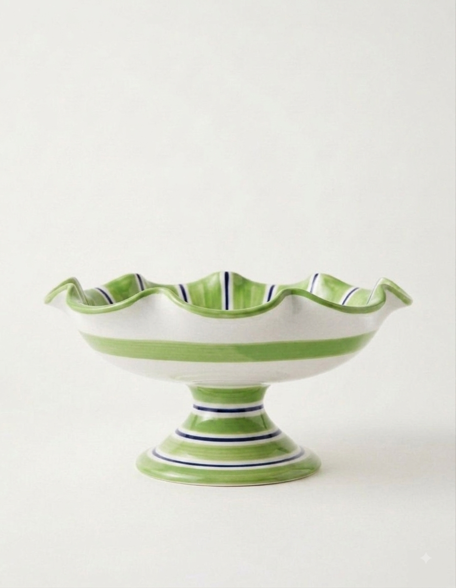 Ceramic fruit bowl stand in green with navy stripes
