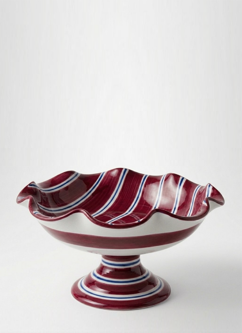 Ceramic fruit bowl stand bordeaux with dark blue stripes