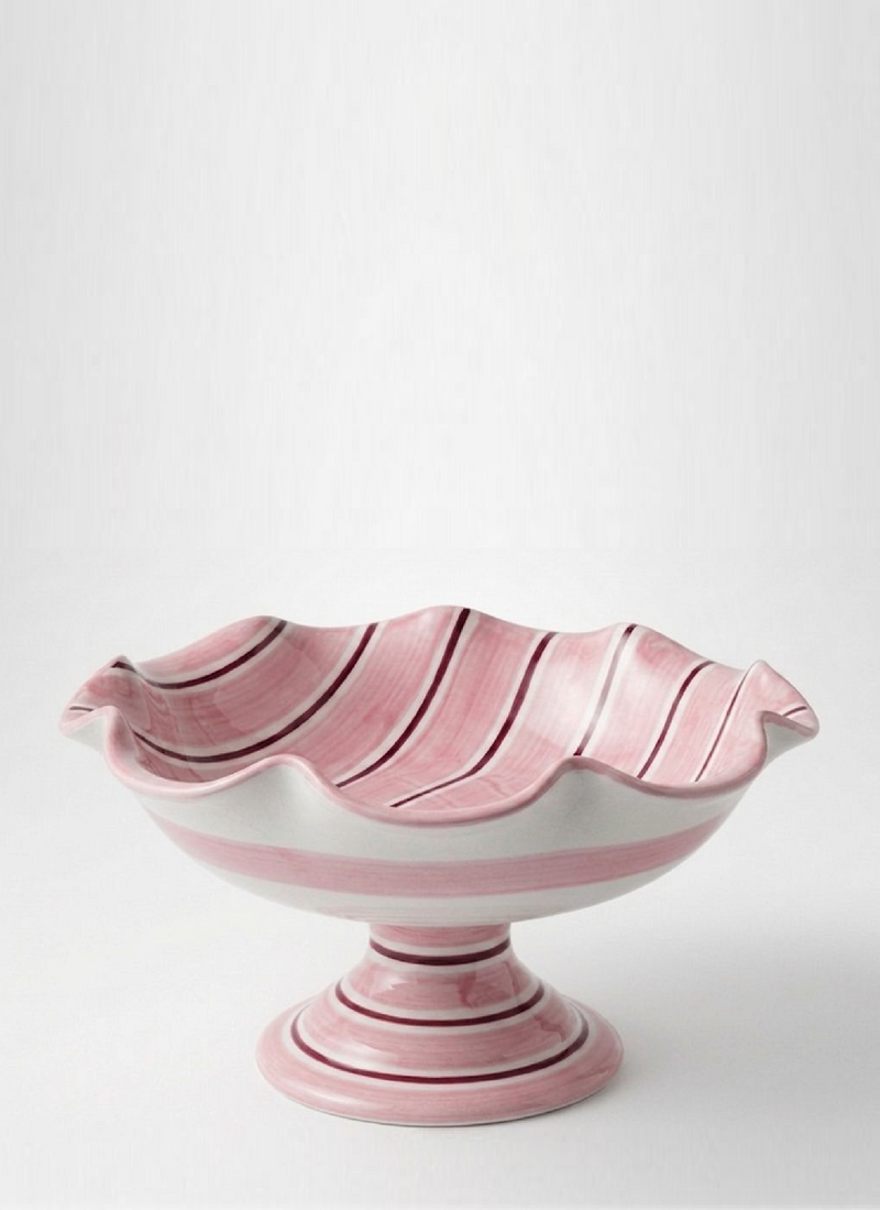 Ceramic fruit bowl stand pink with bordeaux stripes