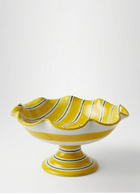 Ceramic fruit bowl stand yellow with green stripes
