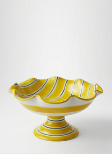Ceramic fruit bowl stand yellow with green stripes