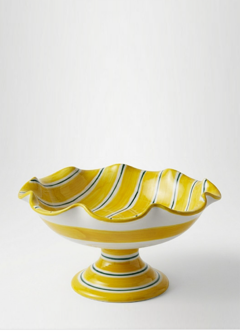Ceramic fruit bowl stand yellow with green stripes