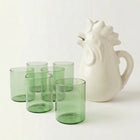 Six green glass tumblers with rooster pitcher