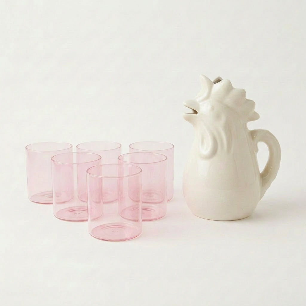 Six pink glass tumblers with rooster pitcher