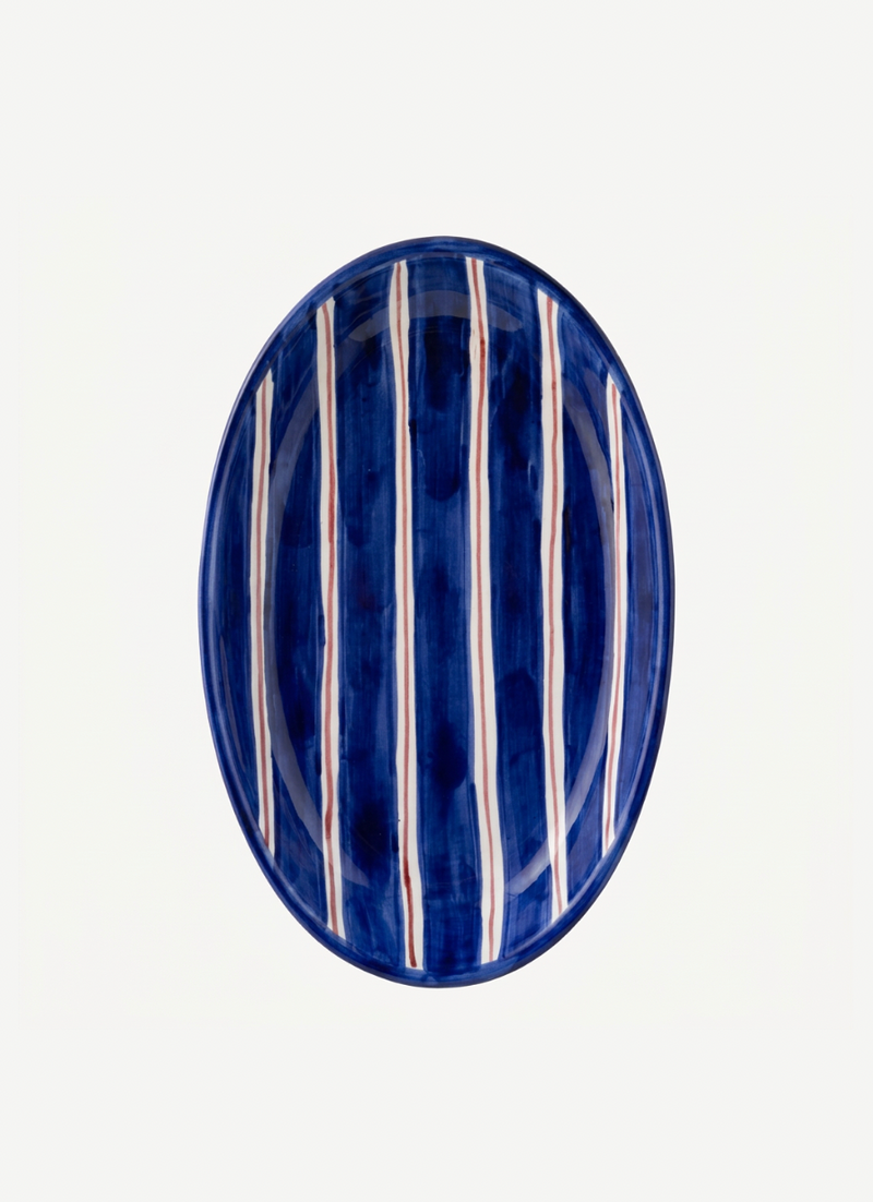 2 Color Stripes Oval Plate Dark Blue & Burgundy